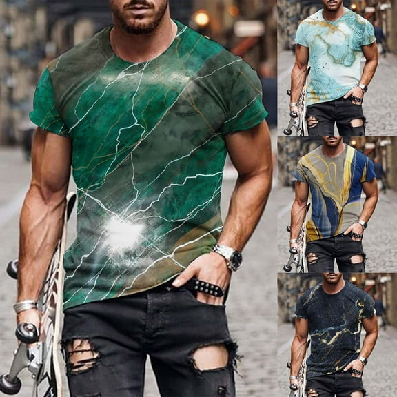 Isvgxsz 2024 New Mens Undershirts Casual Fashion Men's T-Shirt Print Sports T-Shirt Sleeve Blouses & Soft Satiny Round Neck Light Blue Top Summer Father Day Gift