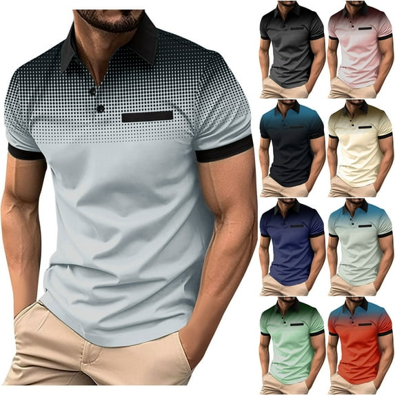 Isvgxsz 2024 New Shirts for Men Leisure Men's Polka Gradient Button Sport Short-Sleeved Top Shirt Breathable Turndown Pink Top Summer Father Day Gift