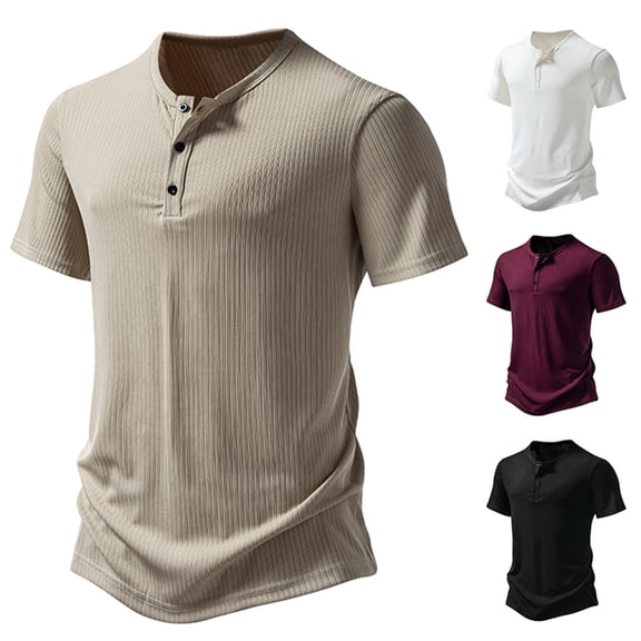 Isvgxsz 2024 New T Shirts for Men Fashion Men Casual Solid Pullover Short Sleeve T Shirt Blouse Lightweight V-Neck Khaki Top Summer Father Day Gift