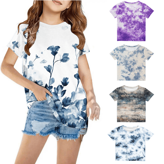 Isvgxsz 3 Pcs New Girls Shirts Clearance Summer Casual Multicolor Short Sleeve Shirts Quick Drying Round Neck Unisex Tops & T-Shirts Kids Savings
