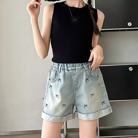Isvgxsz 3 Pcs New Jeans for Girls Little&Big Girls Summer Cute Denim Shorts Elastic Waistband Casual Jeans for Girls Girls Shorts Denim Pull On