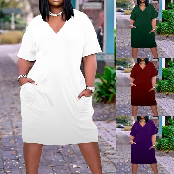 Isvgxsz Items for Women Plus Size Dress for Women V Neck Summer Casual Sundresses Pocket Knee Short Sleeve with Pockets Comfortable Green