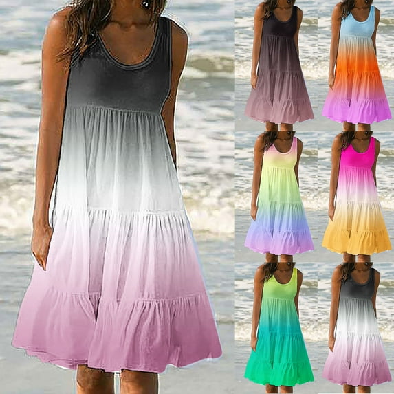 Isvgxsz Flowy Dresses for Women Womens Fashion Holiday Summer Casual Dresses Round Neck Gradient Print Sleeveless Party Beach Dress Comfortable Yellow