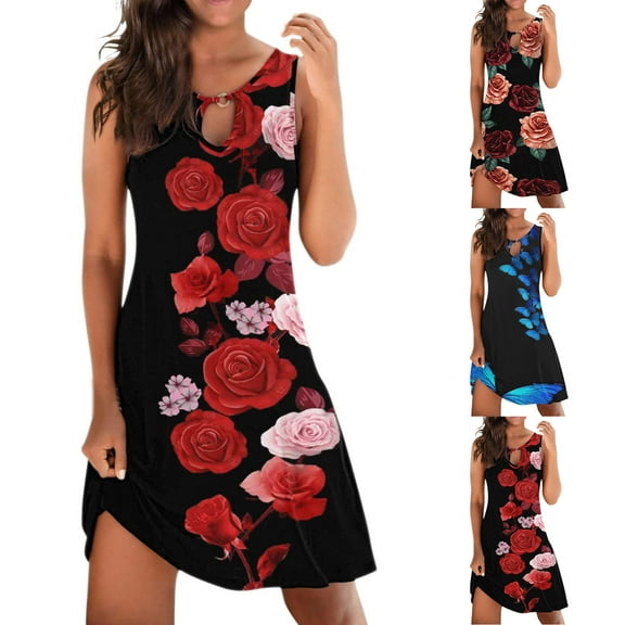 Isvgxsz Flowy Dresses for Women Casual Loose Summer Floral Printed Tank Dress Hollow Out Beach Sundress Sleeveless Dresses Lightweight Red