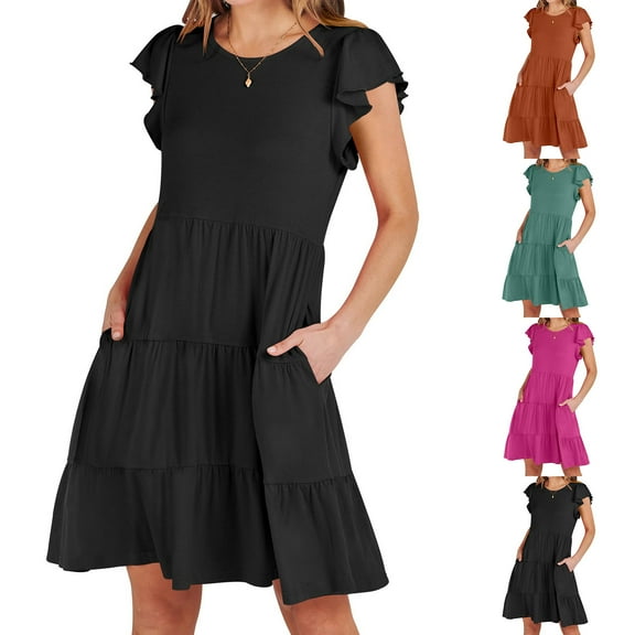 Isvgxsz New Arrivals Dresses Women's Solid Color Summer Casual Dresses for Women Short Sleeved Dress Breathable Black Summer Cleaning