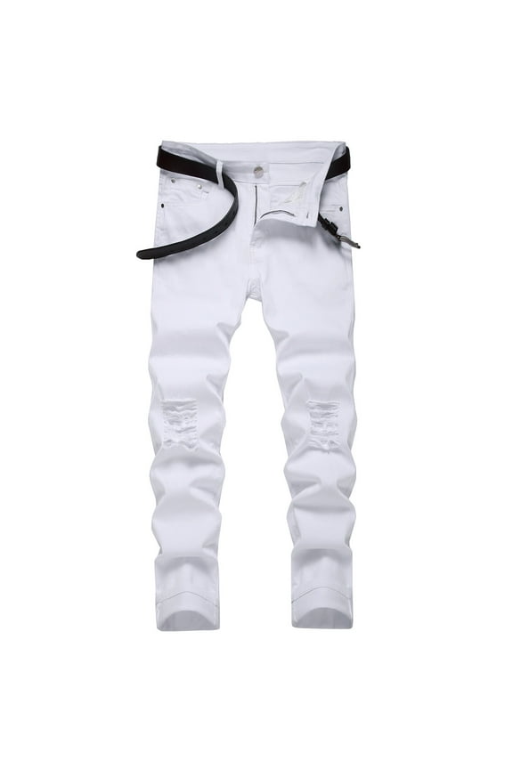 Isvgxsz New Denim Pants for Men Casual Comfort Waist Skinny Pants Men Solid Easy Care Long Pants Pocket Button Ripped Hole Mid Waist Skinny Jeans For Men White Xxl