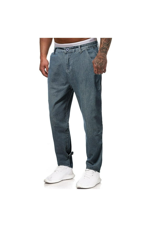 New Denim Pants for Men Casual Comfort Waist Straight Pants Men Solid Comfort Fit Long Pants Pocket Button Front High Waist Plus Size Jeans Blue Xl
