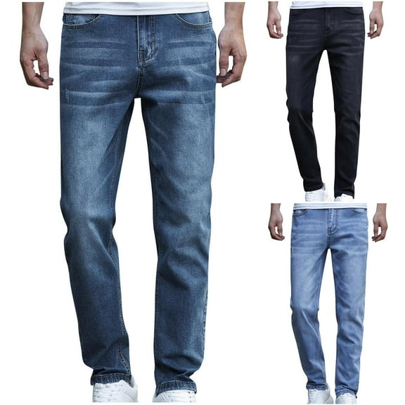 Isvgxsz New Denim Pants for Men Casual Comfort Waist Straight Pants Men Solid Easy Care Long Pants Pocket Button Front Mid Waist Big and Tall Pants Light Blue Xl