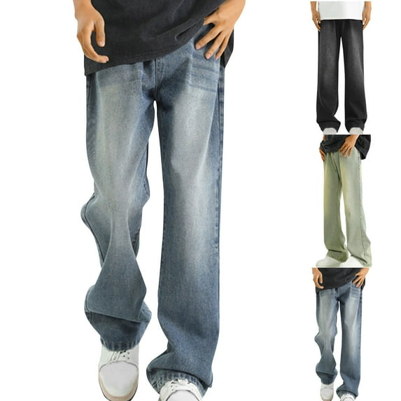 Isvgxsz New Denim Pants for Men Casual Comfort Waist Wide Leg Pants Men Solid Breathable Long Pants Pocket Button Front High Waist Mens Pants Under $20 Yellow L