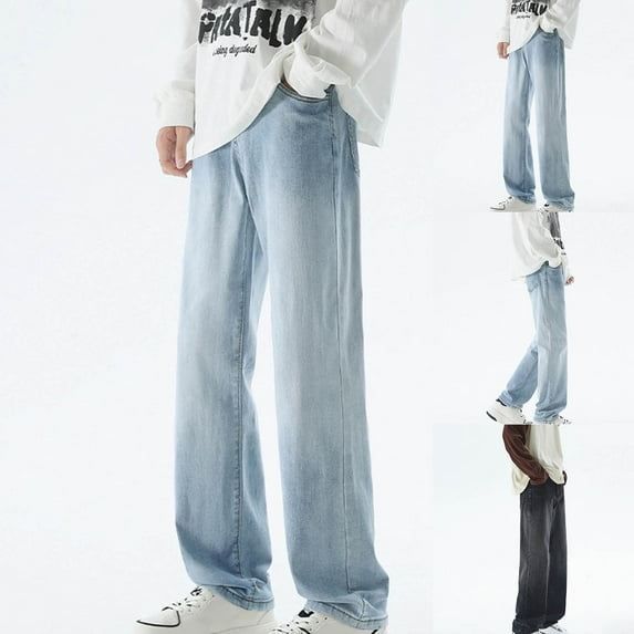 Pounoo New Denim Pants for Men Men's Fashion Casual Solid Color Cargo Zipper Pockets Elastic Waist Full Length Pants Wide Leg Pants Men Full Length Pants Light Blue L