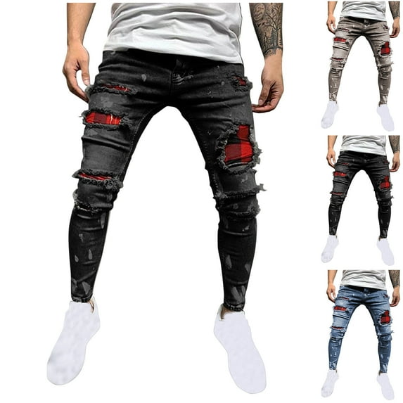 Isvgxsz New Denim Pants for Men New Style Comfort Waist Skinny Pants&nbsp;Men Multicolor Lightweight Long Pants Pocket Button Ripped Hole Mid Waist Big and Tall Pants Gray Xl
