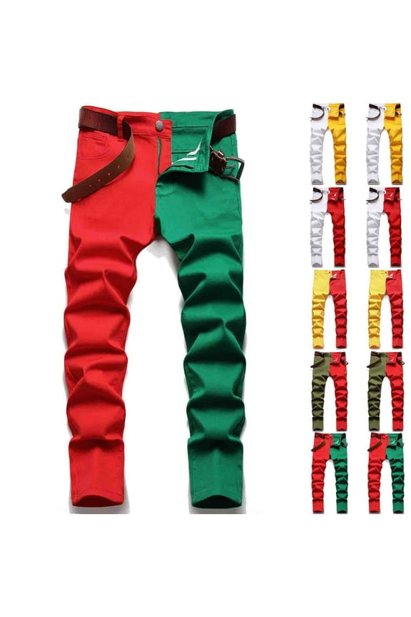 Isvgxsz New Denim Pants for Men New Style Comfort Waist Skinny Pants Men Multicolor Stretchable Long Pants Pocket Button Front Mid Waist Big and Tall Pants Red L