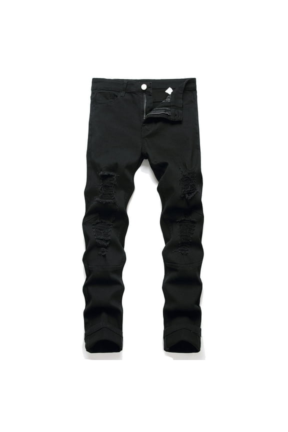 Isvgxsz New Denim Pants for Men New Style Comfort Waist Skinny Pants&nbsp;Men Solid Breathable Long Pants Pocket Button Ripped Hole Mid Waist Big and Tall Pants Black Xxxl
