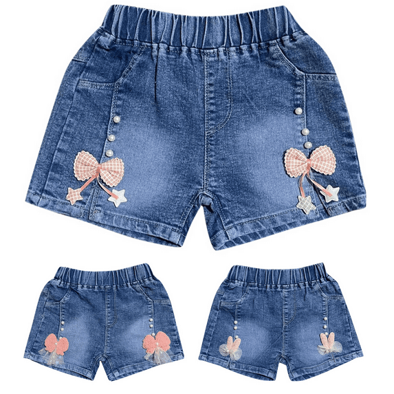 Isvgxsz New Denim Shorts Girls Trendy Bowknot Print Summer Little&Big Shorts Jeans with Pocket Lightweight Elastic Waist Girls Shorts Jeans