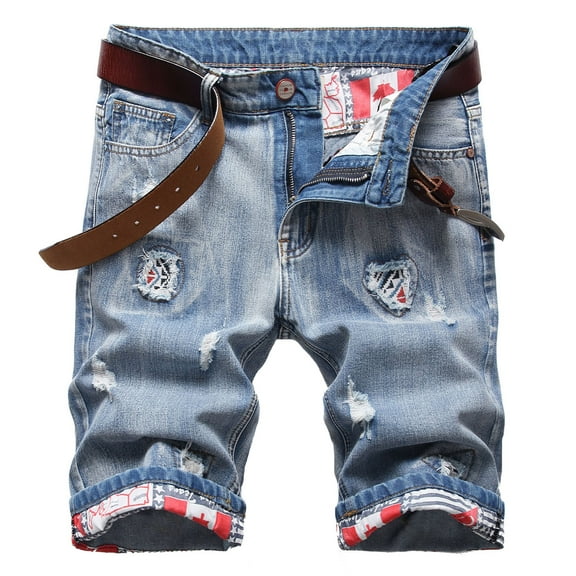 Pounoo New Denim Shorts for Men Men Casual Zipper Middle Waist Pockets Denim Shorts Washed Ripped Half Shorts Pants Shorts for Men Shorts Jeans Light Blue L