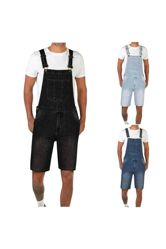 Isvgxsz New Denim Shorts for Men Casual Comfort Waist Overalls for Men Solid Skin-Friendly Short Pocket Suspender Mid Waist Jeans for Men Black S