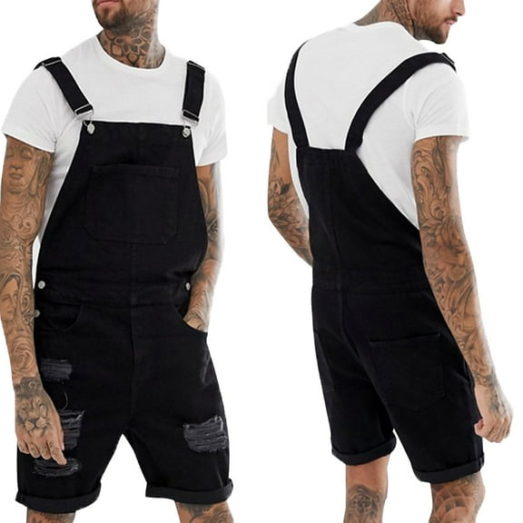 Isvgxsz New Denim Shorts for Men Mens Plus Pocket Overall Jumpsuit Streetwear Overall Suspender Pants Overalls for Men Shorts Overalls Black Xxl