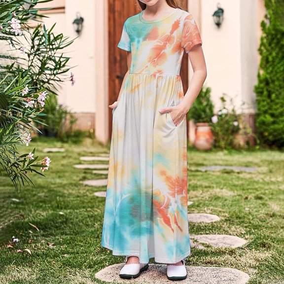 Pounoo New Easter Dresses for Girls Toddler Kids Girls Cute Gradient Print Short Sleeve Stretchy Pocket Dress a Line Long Dress Beach Dresses Multicolor 7-8 Years(140)