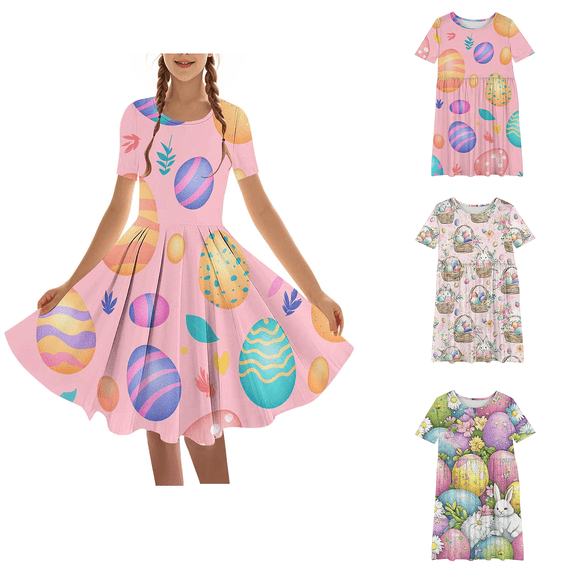 Pounoo New Easter Dresses for Girls Girl Hawaiian Dresses Short Sleeve Summer Tropical Tshirt Dress 4-14 Years Beach Dresses Pink3 4-5 Years(120)