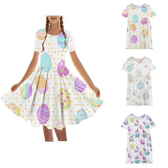 Isvgxsz New Easter Dresses for Girls Girl Hawaiian Dresses Short Sleeve Summer Tropical Tshirt Dress 4-14 Years Beach Dresses White1 4-5 Years(120)