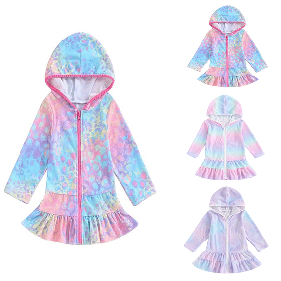 Pounoo New Girls One Piece Swimsuit Fashion Girls' Zipper Swimsuit Cover Long Robe Hooded Long Sleeved Beach Skirt Casual Summer Girls Dresses