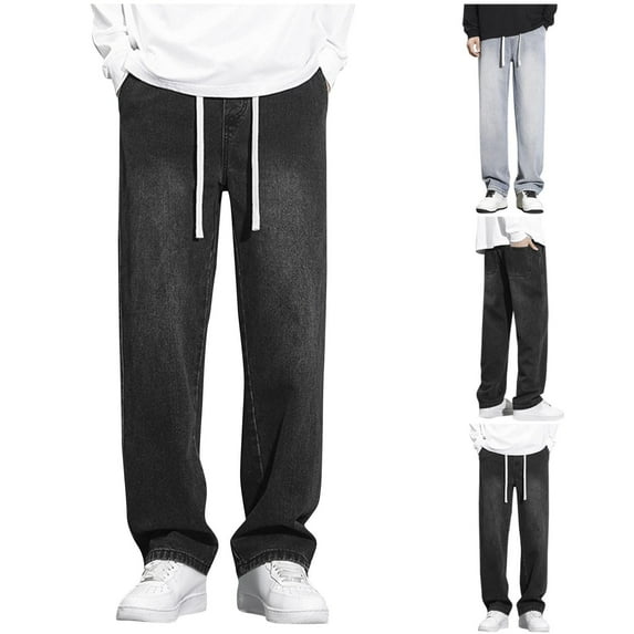 Pounoo New Jeans for Men Clearance Casual Elastic Waist Wide Leg Pants Men Solid Comfort Fit Long Pants Pocket Drawstring High Waist Mens Pants Under $20 Gray Xxxl