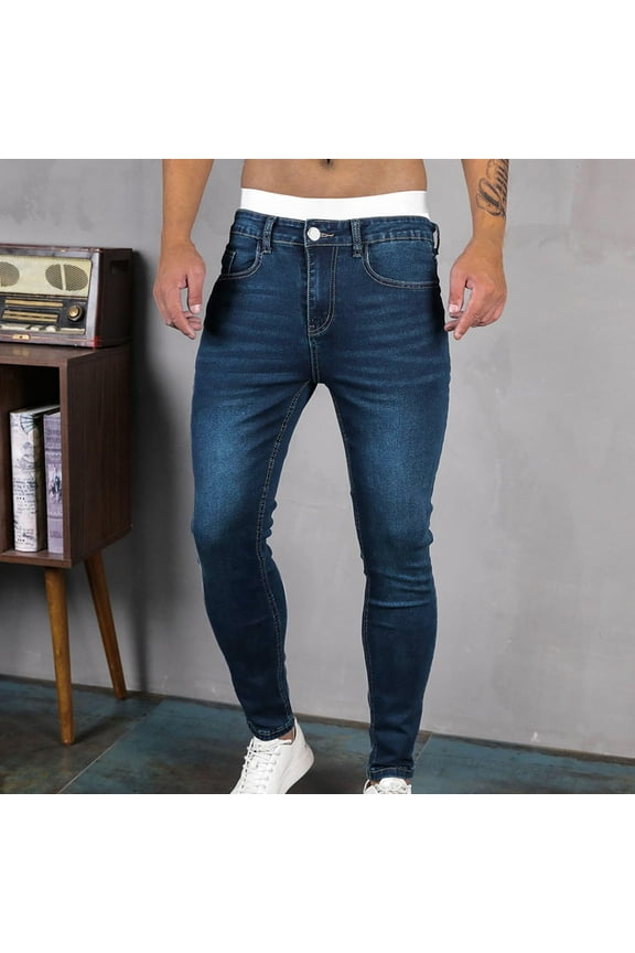 New Jeans for Men Clearance Fashion Comfort Waist Skinny Pants&nbsp;Men Solid Easy Care Long Pants Pocket Button Front High Waist Plus Size Jeans Blue M