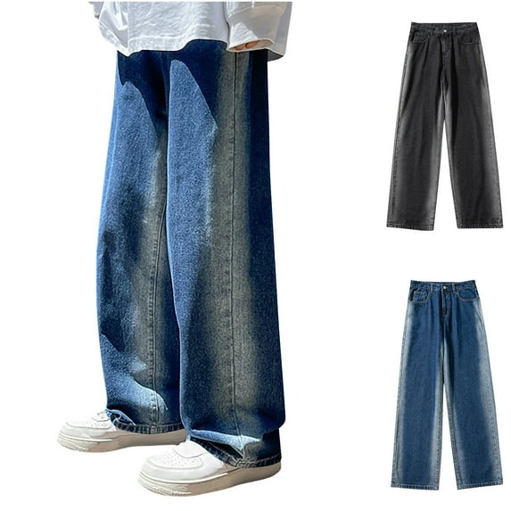 Pounoo New Jeans for Men Clearance Fashion Comfort Waist Wide Leg Pants Men Multicolor Stretchable Long Pants Pocket Button Front Mid Waist Relaxed Fit Jeans Blue Xxl