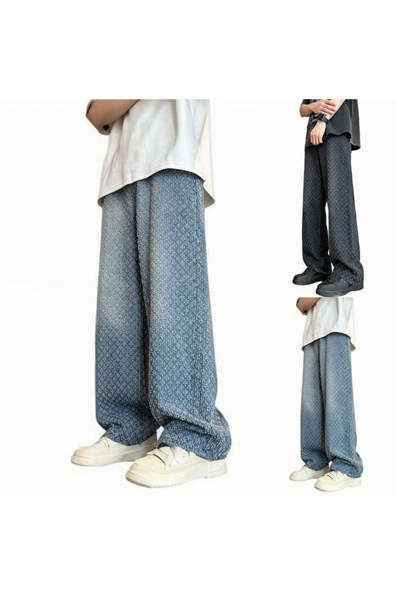 Isvgxsz New Jeans for Men Clearance Fashion Comfort Waist Wide Leg Pants Men Plaid Easy Care Long Pants Pocket Button Front Mid Waist Relaxed Fit Jeans Blue Xxxl