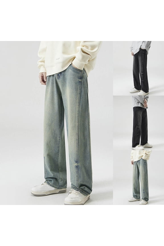 Isvgxsz New Jeans for Men Clearance Men's Fashion Casual Solid Color Cargo Zipper Pockets Elastic Waist Full Length Pants Wide Leg Pants Men Full Length Pants Blue L