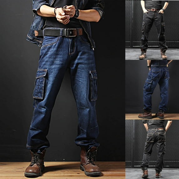 Isvgxsz New Jeans for Men Clearance New Style Comfort Waist Cargo Pants For Men Solid Skin-Friendly Long Pants Pocket Button Front Mid Waist Straight Leg Jeans Black Xxxl