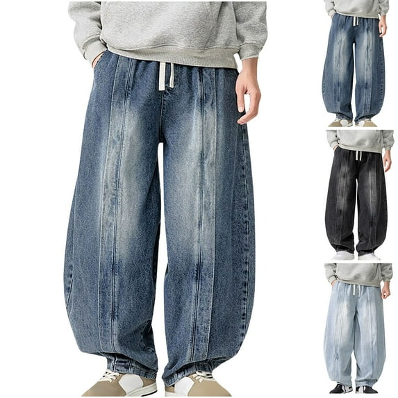 Isvgxsz New Jeans for Men Clearance New Style Expandable Waist Wide Leg Pants Men Multicolor Lightweight Long Pants Pocket Drawstring High Waist Plus Size Jeans Dark Blue Xl
