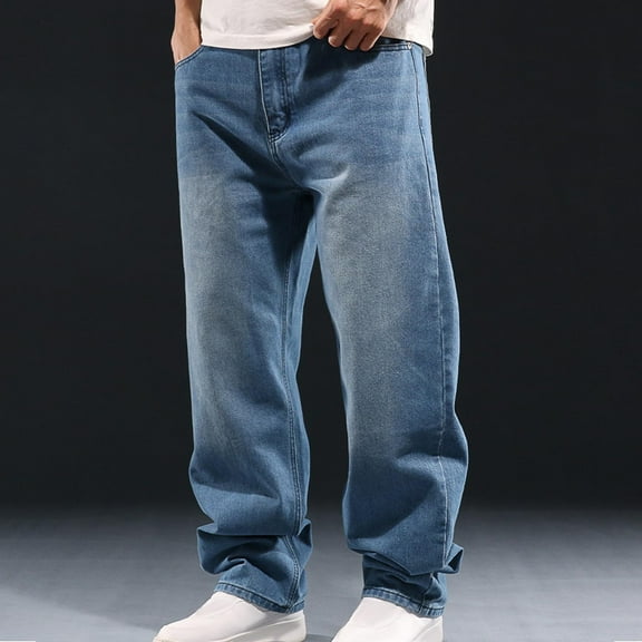 Isvgxsz New Jeans for Men Clearance Trendy Comfort Waist Wide Leg Pants Men Solid Quick Drying Long Pants Pocket Button Front Mid Waist Big and Tall Pants Light Blue Xl