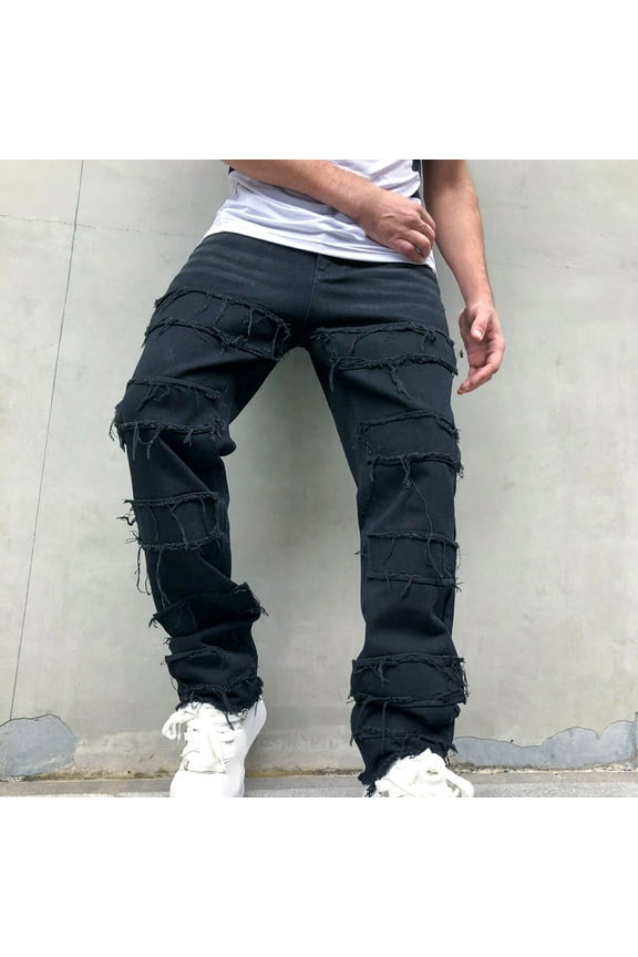 Isvgxsz New Jeans for Men Relaxed Fit Casual Comfort Waist Straight Pants Men Solid Quick Drying Long Pants Pocket Tassels Button Front Mid Waist Big and Tall Pants Black M