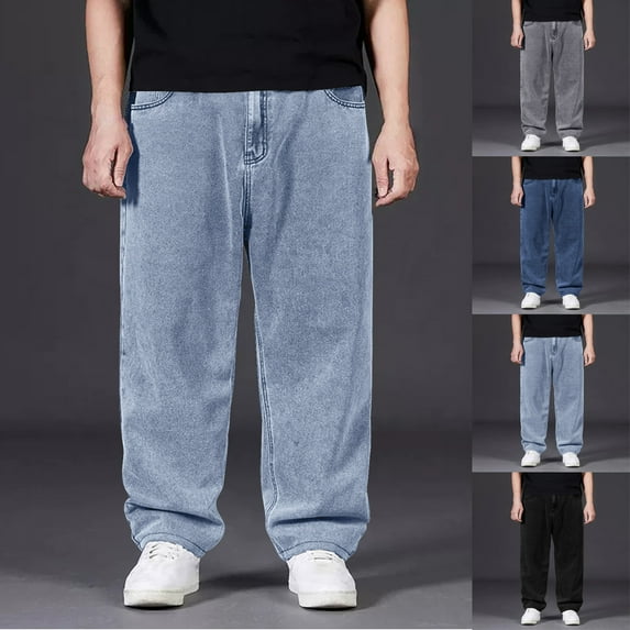 Isvgxsz New Jeans for Men Relaxed Fit Casual Comfort Waist Wide Leg Pants Men Solid Comfort Fit Long Pants Pocket Button Front High Waist Mens Pants Under $20 Dark Blue 34