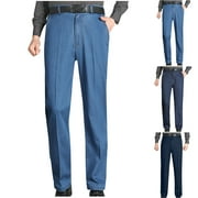 POUNOO New Jeans for Men Relaxed Fit Fashion Comfort Waist Straight Pants Men Solid Skin-Friendly Long Pants Pocket Button Front Mid Waist Big and Tall Pants Blue M