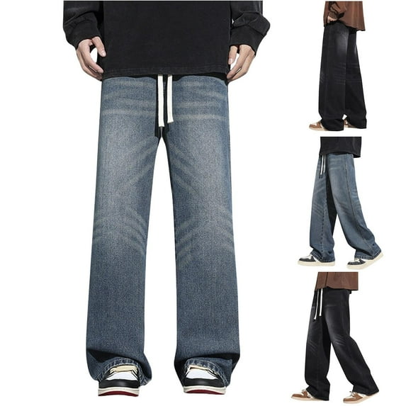 Pounoo New Jeans for Men Relaxed Fit Fashion Expandable Waist Wide Leg Pants Men Solid Breathable Long Pants Pocket Drawstring Mid Waist Relaxed Fit Jeans Black Xl