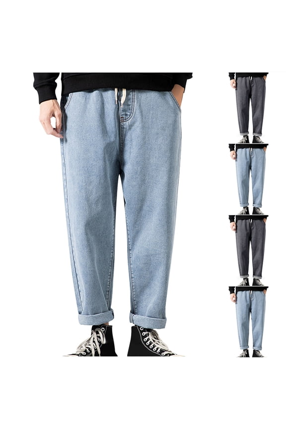 Isvgxsz New Jeans for Men Relaxed Fit Men's Solid Color Pocket Drawstring Casual Youth Versatile Sports Oversized Pants Straight Pants Men Full Length Pants Black L