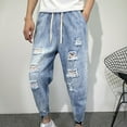 thumbnail image 1 of Isvgxsz New Jeans for Men Relaxed Fit Men's Wear Ripped Jeans Drawstring Stretch Waist Corset Feet Stretch Fashion Outdoor Pants Straight Pants Men Full Length Pants Jeans Blue L, 1 of 9