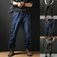 thumbnail image 1 of Isvgxsz New Jeans for Men Relaxed Fit New Style Comfort Waist Cargo Pants&nbsp;For Men Solid Breathable Long Pants Pocket Button Front Mid Waist Straight Leg Jeans Blue M, 1 of 9