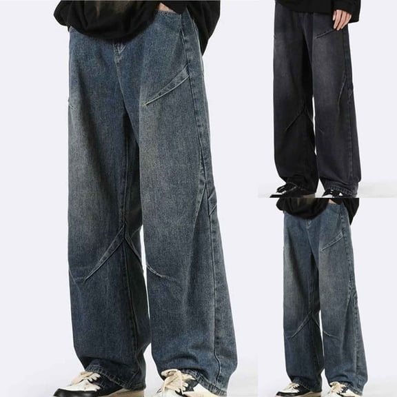 Isvgxsz New Jeans for Men Relaxed Fit New Style Comfort Waist Wide Leg Pants Men Solid Quick Drying Long Pants Pocket Button Front High Waist Plus Size Jeans Blue L