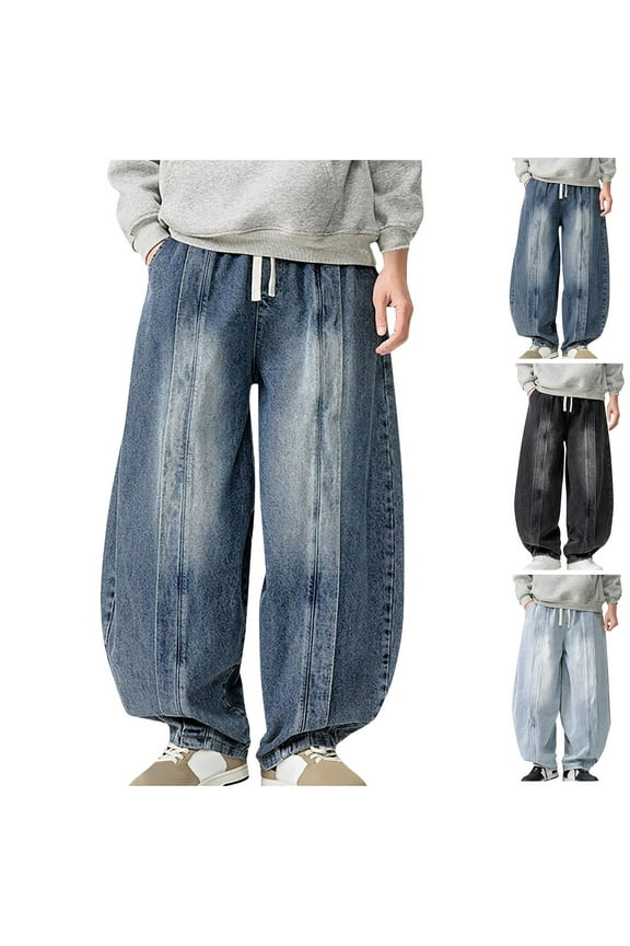 Isvgxsz New Jeans for Men Relaxed Fit New Style Elastic Waist Wide Leg Pants Men Multicolor Breathable Long Pants Pocket Drawstring High Waist Plus Size Jeans Black Xxl