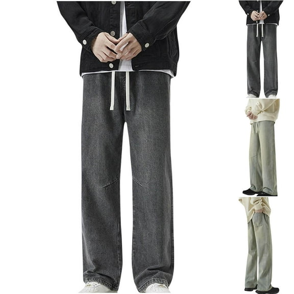 Isvgxsz New Jeans for Men Relaxed Fit New Style Elastic Waist Wide Leg Pants Men Solid Quick Drying Long Pants Pocket Drawstring High Waist Plus Size Jeans Black Xxxl