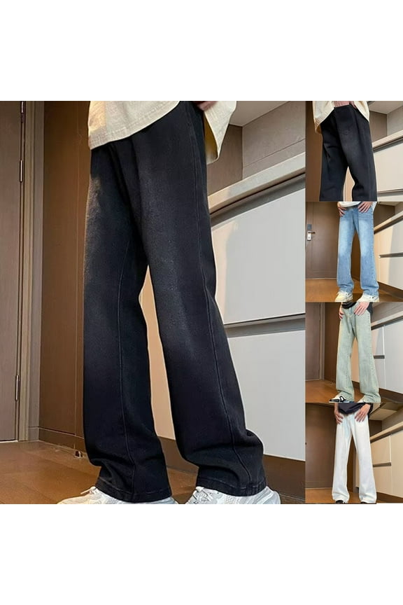 Isvgxsz New Jeans for Men Relaxed Fit Trendy Comfort Waist Wide Leg Pants Men Solid Breathable Long Pants Pocket Button Front Mid Waist Big and Tall Pants Yellow Xl