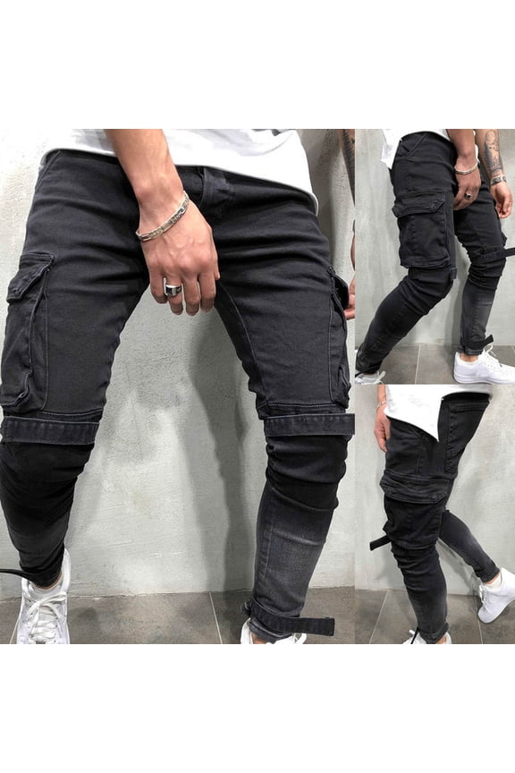 Isvgxsz New Jeans for Men Slim Fit Fashion Comfort Waist Cargo Pants For Men Solid Stretchable Long Pants Pocket Button Front High Waist Plus Size Jeans Black 38