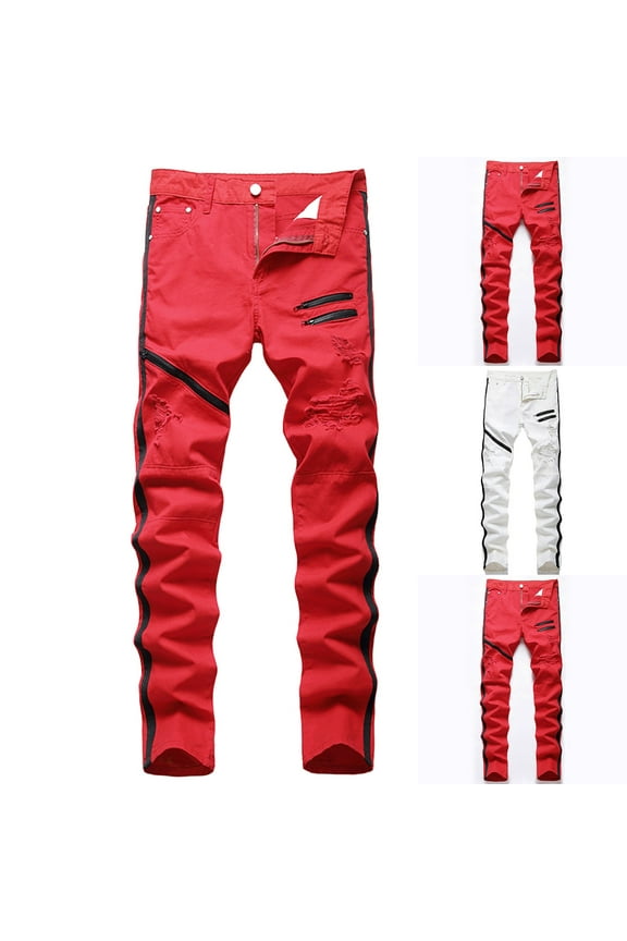 Isvgxsz New Jeans for Men Slim Fit Fashion Comfort Waist Skinny Pants&nbsp;Men Print Comfort Fit Long Pants Pocket Button Ripped Hole High Waist Plus Size Jeans Red 46