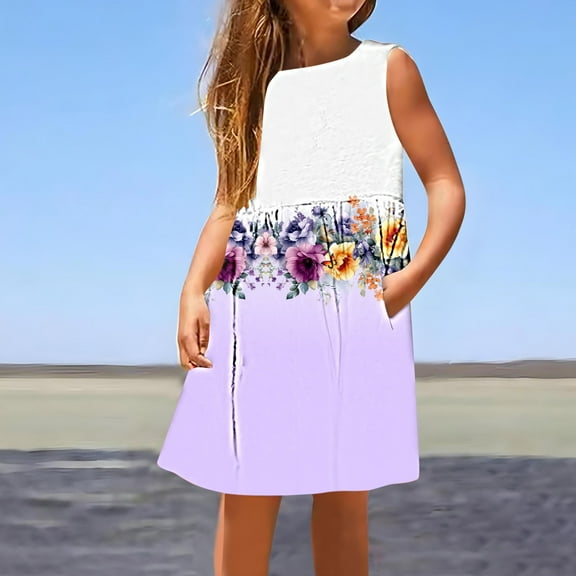 Isvgxsz New Kids Dresses Girls Fashion Print Round Neck Sleeveless Mid-Length Summer Dresses with Pocket Flounce Skin-Friendly Girls Hawaiian Dresses
