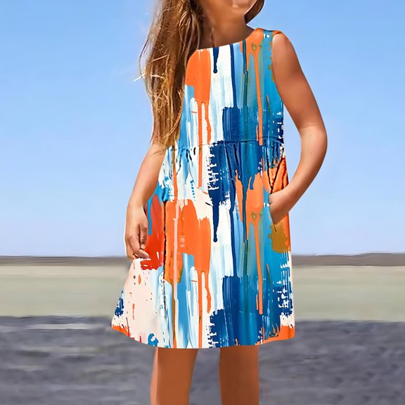 Pounoo New Kids Dresses Girls Fashion Print Round Neck Sleeveless Mid-Length Summer Dresses with Pocket Flounce Stretchable Girls Hawaiian Dresses