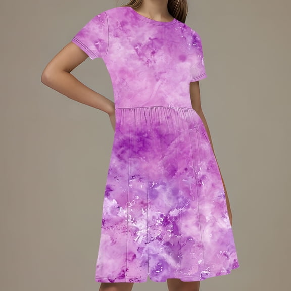 Isvgxsz New Kids Dresses Girls Loose Gradation A-Line Midi Dress Short Sleeve Crew Neck Stretchable Girls Hawaiian Dresses 9-10 Years（150） Multicolor