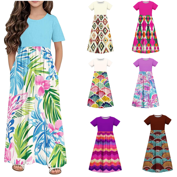 Isvgxsz New Kids Dresses Girls Loose Print A-Line Long Dress Short Sleeve Crew Neck with Pocket Stretchable Girls Hawaiian Dresses 11-12 Years(160) Hot Pink